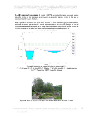 ESTUDIO HIDROLÓGICO E HIDRÁULICO DE LA CUENCA DEL RÍO SAN EUGENIO PARA
GENERAR UNA INFORMACIÓN BÁSICA PARA LA INTERVENCIÓN DE LA CUENCA EN SU
TRAMO URBANO. FASE 1
Universidad Nacional de Colombia, Instituto de Estudios .Ambientales IDEA – GTA en Ing. Hidr. y Amb. 54
Noviembre 2006
5.4.4.2 Secciones transversales. El modelo HEC-RAS suministra información para cada sección
sobre los niveles de flujo alcanzado; a continuación, se presentan algunos niveles de flujo que se
consideran de interés para el estudio.
En la Figura 43 se muestra la zona aguas arriba del barrio La Unión entre este lugar y la planta eléctrica,
en donde se observa que se alcanza a inundar la margen derecha del cauce; sin embargo, se trata de
una zona de explotación de material de río, por lo que no se presenta peligro alguno, ya que durante las
grandes tormentas no se realiza esta labor. Una foto del sector se muestra en la Figura 44.
140 160 180 200 220 240
1700
1702
1704
1706
Rio San Eugenio Plan: Plan 02 28-08-2006
River = San Eugenio Reach = Ppal RS = 4615.2 K0+000
Station (m)
Elevation
(m)
Legend
EG PF 4
EG PF 3
EG PF 2
EG PF 1
Crit PF 4
Crit PF 3
Crit PF 2
Crit PF 1
WS PF 4
WS PF 3
WS PF 2
WS PF 1
Ground
Bank Sta
.05 .048 .05
Figura 43. Resultados del modelo HEC-RAS en la sección 4615.2.
PF 1=Tr 25 años, PF 2=Tr 50 años, PF 3=Tr 100 años, PF 4=Tr 200 años, EG PF = línea de energía,
Crit PF = Flujo crítico, WS PF = Superficie del agua.
Figura 44. Sector de explotación de áridos exactamente aguas arriba del barrio La Unión.
 