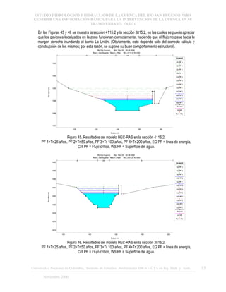 ESTUDIO HIDROLÓGICO E HIDRÁULICO DE LA CUENCA DEL RÍO SAN EUGENIO PARA
GENERAR UNA INFORMACIÓN BÁSICA PARA LA INTERVENCIÓN DE LA CUENCA EN SU
TRAMO URBANO. FASE 1
Universidad Nacional de Colombia, Instituto de Estudios .Ambientales IDEA – GTA en Ing. Hidr. y Amb. 55
Noviembre 2006
En las Figuras 45 y 46 se muestra la sección 4115.2 y la sección 3815.2, en las cuales se puede apreciar
que los gaviones localizados en la zona funcionan correctamente, haciendo que el flujo no pase hacia la
margen derecha inundando el barrio La Unión. (Obviamente, esto depende sólo del correcto cálculo y
construcción de los mismos; por esta razón, se supone su buen comportamiento estructural).
100 120 140 160 180
1684
1686
1688
1690
1692
1694
Rio San Eugenio Plan: Plan 02 28-08-2006
River = San Eugenio Reach = Ppal RS = 4115.2 K0+500
Station (m)
Elevation
(m)
Legend
EG PF 4
EG PF 3
EG PF 2
EG PF 1
Crit PF 4
Crit PF 3
Crit PF 2
Crit PF 1
WS PF 4
WS PF 3
WS PF 2
WS PF 1
Ground
Levee
Bank Sta
.05 .048 .05
Figura 45. Resultados del modelo HEC-RAS en la sección 4115.2.
PF 1=Tr 25 años, PF 2=Tr 50 años, PF 3=Tr 100 años, PF 4=Tr 200 años, EG PF = línea de energía,
Crit PF = Flujo crítico, WS PF = Superficie del agua.
120 140 160 180 200
1674
1676
1678
1680
1682
1684
1686
1688
1690
Rio San Eugenio Plan: Plan 02 28-08-2006
River = San Eugenio Reach = Ppal RS = 3815.2 K0+800
Station (m)
Elevation
(m)
Le gend
EG PF 4
EG PF 3
EG PF 2
WS PF 4
EG PF 1
WS PF 3
Crit PF 4
Crit PF 3
WS PF 2
Crit PF 2
WS PF 1
Crit PF 1
Ground
Levee
Bank Sta
.05 .048 .05
Figura 46. Resultados del modelo HEC-RAS en la sección 3815.2.
PF 1=Tr 25 años, PF 2=Tr 50 años, PF 3=Tr 100 años, PF 4=Tr 200 años, EG PF = línea de energía,
Crit PF = Flujo crítico, WS PF = Superficie del agua.
 