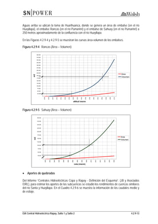EIA Central Hidroeléctrica Rapay, Salto 1 y Salto 2 4.2.9-13
Aguas arriba se ubican la toma de Huarihuanca, donde se genera un área de embalse (en el río
Huayllapa), el embalse Rancas (en el río Pumarinri) y el embalse de Sahuay (en el río Pumarinri) a
250 metros aproximadamente de la confluencia con el río Huayllapa.
En las Figuras 4.2.9-4 y 4.2.9-5 se muestran las curvas área-volumen de los embalses.
Figura 4.2.9-4 Rancas (Área – Volumen)
-
25.000
50.000
75.000
100.000
125.000
150.000
175.000
200.000
225.000
250.000
275.000
300.000
325.000
350.000
375.000
400.000
3736
3738
3740
3742
3744
3746
3748
3750
3752
3754
3756
3758
3760
3762
3764
3766
3768
3770
altitud msnm
m3
Area
Volumen
Figura 4.2.9-5 Sahuay (Área – Volumen)
-
25.000
50.000
75.000
100.000
125.000
150.000
175.000
200.000
225.000
250.000
275.000
300.000
2850
2852
2854
2856
2858
2860
2862
2864
2866
2868
2870
2872
2874
2876
2878
2880
cota (msnm)
m3
Area
Volumen
• Aportes de quebradas
Del Informe “Centrales Hidroeléctricas Copa y Rapay - Definición del Esquema”. (JB y Asociados
EIRL), para estimar los aportes de las subcuencas se estudió los rendimientos de cuencas similares
del río Santa y Huayllapa. En el Cuadro 4.2.9-6 se muestra la información de los caudales medio y
de estiaje.
 