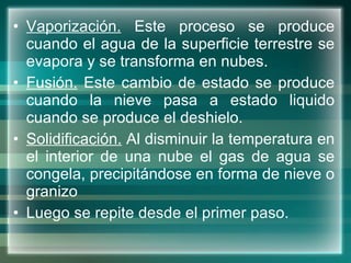Vaporización.  Este proceso se produce cuando el agua de la superficie terrestre se evapora y se transforma en nubes.  Fusión.  Este cambio de estado se produce cuando la nieve pasa a estado liquido cuando se produce el deshielo.  Solidificación.  Al disminuir la temperatura en el interior de una nube el gas de agua se congela, precipitándose en forma de nieve o granizo  Luego se repite desde el primer paso.  