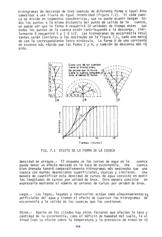 hidrogramas de descarga de tres cuencas de diferente forma e igual área
sometidas a una lluvia de igual intensidad (figura 7.1). Si cada cuen-
ca se divide en segmentos concéntricos, que se puede asumir tengan to-
dos los puntos a la misma distancia del punto de salida de la cuenca,
se puede ver que la forma A requerirá 10 unidades de tiempo antes que
todos los puntos de la cuenca estén contribuyendo a la descarga. Simi-
larmente B requerirá 5 y C 8 1/2. Los hidrogramas de escorrentía resul
tantes serán similares a los mostrados en la figura 7.1, cada uno marc~
do con la correspondiente letra minúscula. La forma B da una corriente
de ascenso más rápido que las forma C y A, y también de descenso más ra
pi do.
A
e
C>
...
e
u
'"
cu
O
O
Codo uno de los cuencas
tiene lo mismo oreo. ------
Se asume que la lluvia <"9....... - -- - -.- ....... ;-
cubre lo cuenco completo yV: 8 ' ~ -, '1
duro 01 menos 10 horas. '''',7., --- -- ____¡'
_---... ~,6,,;'.-I' ....... "..,
",
/ ,.,,""
~
I I
I I
I I ,.
I
:É':'1L3-1'?i.!
~V
~
l/
I
J/
V
~.,/
5
B
?-V
ti
Vc
10
Tiempo (horas)
'5-·-- - ,.
y' -1
,4, .. ---. ,
"'3 "
2 --1
" r,'
,
e
15
FIG. 7.1 EFECTO DE LA FORMA DE LA CUENCA
Densidad de arroyos.- El esquema de los cursos de agua en la cuenca
puede tener un efecto marcado en la tasa de escorrentía. Una cuenca
bien drenada tendrá comparativamente hidrogramas más empinados que una
cuenca con muchas depresiones superficiales, charcas y' similares. Una
manera de cuantificar esta densidad de cursos de agua consiste en medir
las longitudes de cursos por unidad de área. Otra manera consiste en
expresarla mediante el número de uniones de cursos por unidad de área.
Lagos.- Los lagos, lagunas y reservorios actúan como almacenamientos su
perficiales del agua y tienen el efecto de suavizar los hidrogramas d~
escorrentía a la salida de las cuencas que los contienen. .
Otros.- Aparte de los citados hay otros factores que afectan la tasa y
cantidad de la escorrentía, como el déficit de humedad del suelo, la al
titud (con su efecto sobre la temperatura y la presencia de nieve en in
116
 