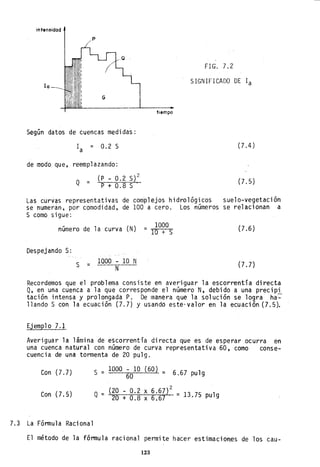 intensidad
p
FIG'. 7.2
lo
SIGNIFICADO DE la
G
Según datos de cuencas medidas:
la = 0.2 S
de modo que, reemplazando:
Q =
(P _ 0.2 S)2
P+0.8S·
tiempo
(7.4 )
(7.5)
Las curvas representativas de com~lejos hidrológicos suelo-vegetación
se numeran, por comodidad, de 100 a cero. Los números se relacionan a
S como sigue:
número de la curva (N)
Despejando S:
s = 1000 - 10 N
N
1000
= """10"----+"""""'S (7.6)
(7.7)
Recordemos que el problema consiste en averiguar la escorrentía directa
Q, en una cuenca a la que corresponde el número N, debido a una precipi
taci6n intensa y prolongada P. De manera que la soluci6n se logra ha~
llando S con la ecuación (7.7) y usando este· valor en la ecuación (7.5).
Ejemplo 7.l
Averiguar la lámina de e~correntía directa que es de esperar ocurra en
una cuenca natural con número de curva representativa 60, como conse-
cuencia de una tormenta de 20 pulg.
Con (7.7) S =1000 - la (60) = 6 67 1
60 . pu g
Con (7.5) Q= (20 - 0.2 x 6.67)2 -_ 3
20 O 7 1 .75 pulg
+ .8 x 6.6
7.3 La Fórmula Racional
El método de la fórmula racional permite hacer es-timacionas de los cau-
123
 