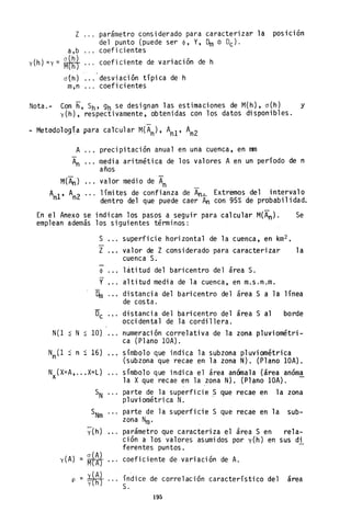 z
a,b
y(h) =y = ~~~~
parámetro considerado para caracterizar la posición
del punto (puede ser ~, Y, Dm o Oc),
coefi cientes
coeficiente de variación de h
a(h) desviac~ón típica de h
m,n '" coeficientes
Nota.- Con h, Sh? gh se designan las estimaciones de M(h), a(h) y
y(h), respectivamente, obtenidas con los datos disponibles.
- ~etodologiapara calcular M(An), A
nl , A
n2
precipitación anual en una cuenca, en nm
media aritmética de los valores A en un período de n
años
valor medio de An
limites de confianza de An..!... Extremos del intervalo
dentro del que puede caer An con 95% de probabilidad.
En el Anexo se indican los pasos a seguir para calcular M(An). Se
emplean además los siguientes términos:
S
Z
~
y
~
OC
N(1 ::: N ::: 10)
Nn(l < n ::: 16)
Nx(X=A, ... X=L)
SN
SNm
y(h)
y(A) = a(A)
MTAT
p =
f~~~
superficie horizontal de la cuenca, en km2 •
valor de Z considerado para caracterizar la
cuenca S.
latitud del baricentro del área S.
altitud media de la cuenca, en m.s.n.m.
distancia del baricentro del área S a la línea
de costa.
distancia del baricentro del área S al
occidental de la cordillera.
borde
numeración correlativa de la zona pluviométri-
ca (Plano lOA).
símbolo que indica la subzona pluviométrica
(subzona que recae en la zona N). (Plano lOA).
símbolo que indica el área anómala (área anóma
la X que recae en la .zona N). (Plano lOA).
parte de la superficie S que recae en la zona
p1uvi ométri ca N. '.
parte de la superficie S que recae en la sub-
zona N
m.
parámetro que caracteriza el área S en rela-
ción a los valores asumi~os por y(h) en sus di
ferentes puntos.
coeficiente de variación de A.
índice de correlación característico del área
S.
195
 