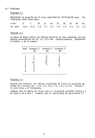 4.7 Problemas
Problema 4.1
Determinar la ecuación de la curva capaci dad de infiltración para los
siguientes datos observados.
t mino O 5 10 15 20 25 30 35 40 45
fp cm/h 16.0 11.0 7.9 5.7 4.1 2.8 1.9 1.3 1.0 1.0
Prob1ema 4. 2
La tabla de abajo indica las láminas horarias de tres tormentas que pro
dujeron escorrentías de 14, 23 Y 18.5 mm., respectivamente. Determinar
el índice ~ de la cuenca.
Hora Tormenta 1 Tormenta 2 Tormenta 3
mm. mm. mm.
1 2 4 3
2 6 9 8
3 7 15 11
4 10 12 4
5 5 5 12
6 4 3
7 4
8 2
Problema 4.3
Durante una tormenta, las láminas acumuladas de lluvia en sucesivos pe
ríodos de 2 minutos son: 0.2, 0.5, 0.8, 1.4, 1.8 Y 2.1 cm. Dibujar ~
la curva masa y el histograma.
¿Cuánto vale la lámina de lluvia neta si la pérdida uniforme (índice ~
es igual a 10.2 cm/h? ¿Cuánto vale el coeficiente de escorrentía C?
71
 