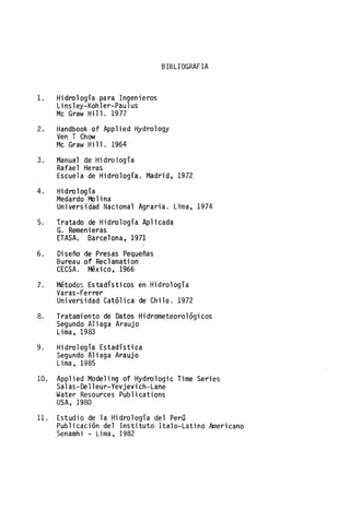 1. Hidrología para Ingenieros
Linsley-Kohler-Paulus
Mc Graw Hill. 1977
BlB LIOGRAF lA
2. Handbook of Applied Hydrology
Ven T Chow
Mc Graw Hill. 1964
3. Manual de Hidrología
Rafael Heras
Escuela de Hidrología. Madrid, 1972
4. Hidrología
Medardo Malina
Universidad Nacional Agraria. Lima, 1974
5. Tratado de Hidrología Aplicada
G. Remenieras
ETASA. Barcelona, 1971
6. Di seño de. Presas Pequeñas
Bureau of Reclamation
CECSA. México, 1966
7. Métodos Estadísticos en Hidrología
Varas-Ferrer
Universidad Católica de Chile. 1972
8. Tratamiento de Datos Hidrometeorológicos
Segundo Aliaga Araujo
Lima, 1983
9. Hidrología Estadística
Segundo Aliaga Araujo
Lima, 1985
10. Applied Modeling of Hydrologic Time Series
Salas-Delleur-Yevjevich-Lane
Water Resources Publications
USA, 1980
11. Estudio de la Hidrología del PerO
Publicación del Instituto Italo-Latino Americano
~enamhi - Lima, 1982
 