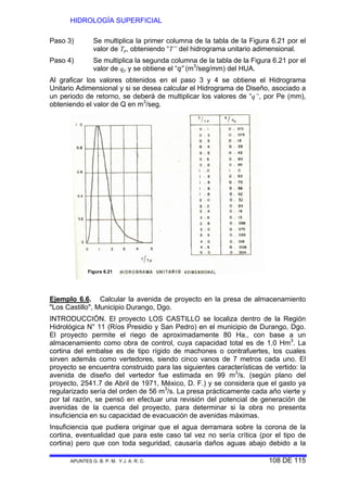 HIDROLOGÍA SUPERFICIAL
APUNTES G. B. P. M. Y J. A. R. C. 108 DE 115
Paso 3) Se multiplica la primer columna de la tabla de la Figura 6.21 por el
valor de Tp, obteniendo “T” del hidrograma unitario adimensional.
Paso 4) Se multiplica la segunda columna de la tabla de la Figura 6.21 por el
valor de qp y se obtiene el “q” (m3
/seg/mm) del HUA.
Al graficar los valores obtenidos en el paso 3 y 4 se obtiene el Hidrograma
Unitario Adimensional y si se desea calcular el Hidrograma de Diseño, asociado a
un periodo de retorno, se deberá de multiplicar los valores de “q”, por Pe (mm),
obteniendo el valor de Q en m3
/seg.
Ejemplo 6.6. Calcular la avenida de proyecto en la presa de almacenamiento
"Los Castillo", Municipio Durango, Dgo.
INTRODUCCIÓN. El proyecto LOS CASTILLO se localiza dentro de la Región
Hidrológica N° 11 (Ríos Presidio y San Pedro) en el municipio de Durango, Dgo.
El proyecto permite el riego de aproximadamente 80 Ha., con base a un
almacenamiento como obra de control, cuya capacidad total es de 1.0 Hm3
. La
cortina del embalse es de tipo rígido de machones o contrafuertes, los cuales
sirven además como vertedores, siendo cinco vanos de 7 metros cada uno. El
proyecto se encuentra construido para las siguientes características de vertido: la
avenida de diseño del vertedor fue estimada en 99 m3
/s. (según plano del
proyecto, 2541.7 de Abril de 1971, México, D. F.) y se considera que el gasto ya
regularizado sería del orden de 56 m3
/s. La presa prácticamente cada año vierte y
por tal razón, se pensó en efectuar una revisión del potencial de generación de
avenidas de la cuenca del proyecto, para determinar si la obra no presenta
insuficiencia en su capacidad de evacuación de avenidas máximas.
Insuficiencia que pudiera originar que el agua derramara sobre la corona de la
cortina, eventualidad que para este caso tal vez no sería crítica (por el tipo de
cortina) pero que con toda seguridad, causaría daños aguas abajo debido a la
Figura 6.21
 