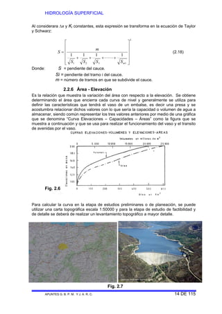 HIDROLOGÍA SUPERFICIAL
APUNTES G. B. P. M. Y J. A. R. C. 14 DE 115
Al considerara Δx y Ki constantes, esta expresión se transforma en la ecuación de Taylor
y Schwarz:
2
1321
1111
⎥
⎥
⎥
⎥
⎦
⎤
⎢
⎢
⎢
⎢
⎣
⎡
++++
=
mSSSS
m
S
LL
(2.18)
Donde: S = pendiente del cauce.
Si = pendiente del tramo i del cauce.
m = número de tramos en que se subdivide el cauce.
2.2.6 Área - Elevación
Es la relación que muestra la variación del área con respecto a la elevación. Se obtiene
determinando el área que encierra cada curva de nivel y generalmente se utiliza para
definir las características que tendrá el vaso de un embalse, es decir una presa y se
acostumbra relacionar dichos valores con lo que sería la capacidad o volumen de agua a
almacenar, siendo común representar los tres valores anteriores por medio de una gráfica
que se denomina “Curva Elevaciones – Capacidades – Áreas” como la figura que se
muestra a continuación y que se usa para realizar el funcionamiento del vaso y el transito
de avenidas por el vaso.
Para calcular la curva en la etapa de estudios preliminares o de planeación, se puede
utilizar una carta topográfica escala 1:50000 y para la etapa de estudio de factibilidad y
de detalle se deberá de realizar un levantamiento topográfico a mayor detalle.
Fig. 2.6
Fig. 2.7
 