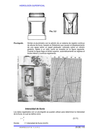 HIDROLOGÍA SUPERFICIAL
APUNTES G. B. P. M. Y J. A. R. C. 25 DE 115
Pluviógrafo. Similar al pluviómetro con la adición de un sistema de registro continuo
de alturas de lluvia, basado en flotadores que causan el desplazamiento
de una aguja sobre un papel graduado, colocado sobre un cilindro
giratorio, ligado a un reloj, como se muestra en la figura siguiente.
Cuando la aguja llega al borde superior, automáticamente se regresa al
borde inferior y continúa registrando.
Intensidad de lluvia
Los datos registrados con un pluviógrafo se pueden utilizar para determinar la intensidad
de la lluvia, la cual se define como
t
a
i = (3.11)
Donde: i = intensidad de lluvia (mm/h)
Fig. 3.2
Fig. 3.3
 
