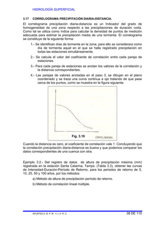 HIDROLOGÍA SUPERFICIAL
APUNTES G. B. P. M. Y J. A. R. C. 38 DE 115
3.17 CORRELOGRAMA PRECIPITACIÓN DIARIA-DISTANCIA.
El correlograma precipitación diaria-distancia es un Indicador del grado de
homogeneidad de una zona respecto a las precipitaciones de duración corta.
Como tal se utiliza como índice para calcular la densidad de puntos de medición
adecuada para estimar la precipitación media de una tormenta. El correlograma
se constituye de la siguiente forma:
1.- Se identifican días de tormenta en la zona; para ello se considerara como
día de tormenta aquel en el que se halla registrado precipitación en
todas las estaciones simultáneamente.
2.- Se calcula el valor del coeficiente de correlación entre cada pareja de
estaciones.
3.- Para cada pareja de estaciones se anotan los valores de la correlación y
la distancia correspondientes.
4.- Las parejas de valores anotadas en el paso 3, se dibujan en el plano
coordenado y se traza una curva continua a ojo tratando de que pase
cerca de los puntos, como se muestra en la figura siguiente.
Cuando la distancia es cero, el coeficiente de correlación vale 1. Concluyendo que
la correlación precipitación diaria-distancia es buena y que podemos comparar los
datos correspondientes de una cuenca con otra.
Ejemplo 3.2.- Del registro de datos de altura de precipitación máxima (mm)
registrada en la estación Santa Catarina, Tamps. (Tabla 3.3), obtener las curvas
de Intensidad-Duración-Período de Retorno, para los periodos de retorno de 5,
10, 25, 50 y 100 años, por los métodos:
a) Método de altura de precipitación período de retorno.
b) Método de correlación lineal múltiple.
Fig. 3.10
 