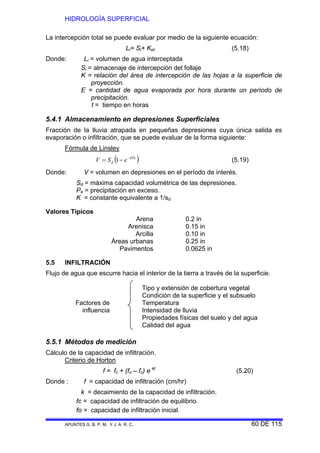 HIDROLOGÍA SUPERFICIAL
APUNTES G. B. P. M. Y J. A. R. C. 60 DE 115
La intercepción total se puede evaluar por medio de la siguiente ecuación:
Li= Si+ Ket (5.18)
Donde: Li = volumen de agua interceptada
Si = almacenaje de intercepción del follaje
K = relación del área de intercepción de las hojas a la superficie de
proyección.
E = cantidad de agua evaporada por hora durante un período de
precipitación.
t = tiempo en horas
5.4.1 Almacenamiento en depresiones Superficiales
Fracción de la lluvia atrapada en pequeñas depresiones cuya única salida es
evaporación o infiltración, que se puede evaluar de la forma siguiente:
Fórmula de Linsley
( )kPe
d eSV −
−= 1 (5.19)
Donde: V = volumen en depresiones en el período de interés.
Sd = máxima capacidad volumétrica de las depresiones.
Pe = precipitación en exceso.
K = constante equivalente a 1/sd
Valores Típicos
Arena 0.2 in
Arenisca 0.15 in
Arcilla 0.10 in
Áreas urbanas 0.25 in
Pavimentos 0.0625 in
5.5 INFILTRACIÓN
Flujo de agua que escurre hacia el interior de la tierra a través de la superficie.
Tipo y extensión de cobertura vegetal
Condición de la superficie y el subsuelo
Factores de
influencia
Temperatura
Intensidad de lluvia
Propiedades físicas del suelo y del agua
Calidad del agua
5.5.1 Métodos de medición
Cálculo de la capacidad de infiltración.
Criterio de Horton
f = fc + (fo – fc) e kt
(5.20)
Donde : f = capacidad de infiltración (cm/hr)
k = decaimiento de la capacidad de infiltración.
fc = capacidad de infiltración de equilibrio.
fo = capacidad de infiltración inicial.
 
