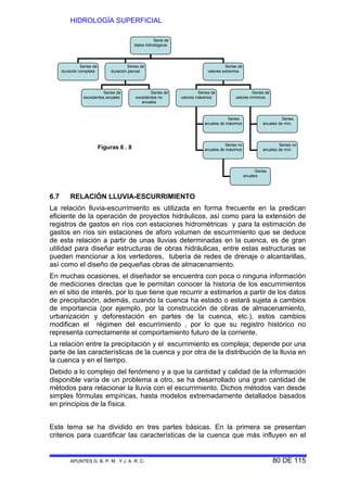 HIDROLOGÍA SUPERFICIAL
APUNTES G. B. P. M. Y J. A. R. C. 80 DE 115
6.7 RELACIÓN LLUVIA-ESCURRIMIENTO
La relación lluvia-escurrimiento es utilizada en forma frecuente en la predican
eficiente de la operación de proyectos hidráulicos, así como para la extensión de
registros de gastos en ríos con estaciones hidrométricas y para la estimación de
gastos en ríos sin estaciones de aforo volumen de escurrimiento que se deduce
de esta relación a partir de unas lluvias determinadas en la cuenca, es de gran
utilidad para diseñar estructuras de obras hidráulicas, entre estas estructuras se
pueden mencionar a los vertedores, tubería de redes de drenaje o alcantarillas,
así como el diseño de pequeñas obras de almacenamiento.
En muchas ocasiones, el diseñador se encuentra con poca o ninguna información
de mediciones directas que le permitan conocer la historia de los escurrimientos
en el sitio de interés, por lo que tiene que recurrir a estimarlos a partir de los datos
de precipitación, además, cuando la cuenca ha estado o estará sujeta a cambios
de importancia (por ejemplo, por la construcción de obras de almacenamiento,
urbanización y deforestación en partes de la cuenca, etc.), estos cambios
modifican el régimen del escurrimiento , por lo que su registro histórico no
representa correctamente el comportamiento futuro de la corriente.
La relación entre la precipitación y el escurrimiento es compleja; depende por una
parte de las características de la cuenca y por otra de la distribución de la lluvia en
la cuenca y en el tiempo.
Debido a lo complejo del fenómeno y a que la cantidad y calidad de la información
disponible varía de un problema a otro, se ha desarrollado una gran cantidad de
métodos para relacionar la lluvia con el escurrimiento. Dichos métodos van desde
simples fórmulas empíricas, hasta modelos extremadamente detallados basados
en principios de la física.
Este tema se ha dividido en tres partes básicas. En la primera se presentan
criterios para cuantificar las características de la cuenca que más influyen en el
Serie de
datos hidrológicos
Series de
duración completa
Series de
duración parcial
Series de
valores extremos
Series de
excedentes anuales
Series de
excedentes no
anuales
Series de
valores máximos
Series de
valores mínimos
Series
anuales de máximos
Series no
anuales de máximos
Series
anuales de mín.
Series no
anuales de mín.
Series
anuales
Figuras 6 . 8
 