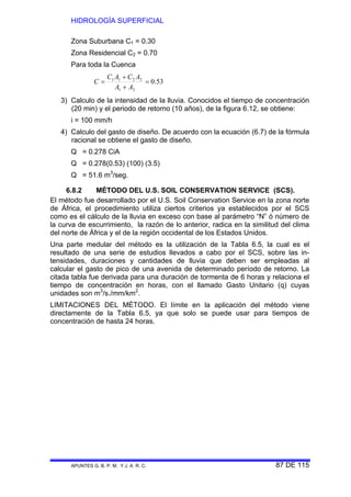 HIDROLOGÍA SUPERFICIAL
APUNTES G. B. P. M. Y J. A. R. C. 87 DE 115
Zona Suburbana C1 = 0.30
Zona Residencial C2 = 0.70
Para toda la Cuenca
53.0
21
2211
=
+
+
=
AA
ACAC
C
3) Calculo de la intensidad de la lluvia. Conocidos el tiempo de concentración
(20 min) y el periodo de retorno (10 años), de la figura 6.12, se obtiene:
i = 100 mm/h
4) Calculo del gasto de diseño. De acuerdo con la ecuación (6.7) de la fórmula
racional se obtiene el gasto de diseño.
Q = 0.278 CiA
Q = 0.278(0.53) (100) (3.5)
Q = 51.6 m3
/seg.
6.8.2 MÉTODO DEL U.S. SOIL CONSERVATION SERVICE (SCS).
El método fue desarrollado por el U.S. Soil Conservation Service en la zona norte
de África, el procedimiento utiliza ciertos criterios ya establecidos por el SCS
como es el cálculo de la lluvia en exceso con base al parámetro “N” ó número de
la curva de escurrimiento, la razón de lo anterior, radica en la similitud del clima
del norte de África y el de la región occidental de los Estados Unidos.
Una parte medular del método es la utilización de la Tabla 6.5, la cual es el
resultado de una serie de estudios llevados a cabo por el SCS, sobre las in-
tensidades, duraciones y cantidades de lluvia que deben ser empleadas al
calcular el gasto de pico de una avenida de determinado período de retorno. La
citada tabla fue derivada para una duración de tormenta de 6 horas y relaciona el
tiempo de concentración en horas, con el llamado Gasto Unitario (q) cuyas
unidades son m3
/s./mm/km2
.
LIMITACIONES DEL MÉTODO. El límite en la aplicación del método viene
directamente de la Tabla 6.5, ya que solo se puede usar para tiempos de
concentración de hasta 24 horas.
 