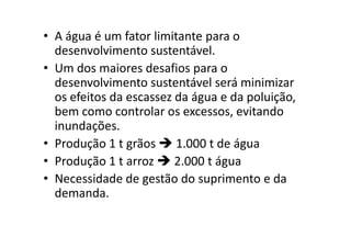 • A água é um fator limitante para o
desenvolvimento sustentável.
• Um dos maiores desafios para o
desenvolvimento sustentável será minimizar
os efeitos da escassez da água e da poluição,
bem como controlar os excessos, evitando
inundações.inundações.
• Produção 1 t grãos 1.000 t de água
• Produção 1 t arroz 2.000 t água
• Necessidade de gestão do suprimento e da
demanda.
 