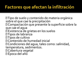 Tipo de suelo y contenido de materia orgánica
sobre el que cae la precipitación
Compactación que presente la superficie sobre la
que cae el agua
Existencia de grietas en los suelos
Tipos de labranza
Tipos de cultivo
Contenido de humedad inicial
Condiciones del agua, tales como: salinidad,
temperatura, sedimentos.
Cobertura vegetal
Época del año
 