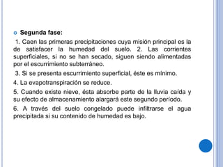  Segunda fase:
1. Caen las primeras precipitaciones cuya misión principal es la
de satisfacer la humedad del suelo. 2. Las corrientes
superficiales, si no se han secado, siguen siendo alimentadas
por el escurrimiento subterráneo.
3. Si se presenta escurrimiento superficial, éste es mínimo.
4. La evapotranspiración se reduce.
5. Cuando existe nieve, ésta absorbe parte de la lluvia caída y
su efecto de almacenamiento alargará este segundo período.
6. A través del suelo congelado puede infiltrarse el agua
precipitada si su contenido de humedad es bajo.
 