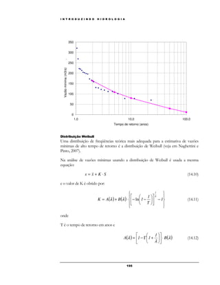 I N T R O D U Z I N D O H I D R O L O G I A 
 
 
1 
 
 
 
1 1 A ×  
l B 
19 5 
350 
300 
250 
200 
150 
100 
50 
0 
1.0 10.0 100.0 
Tempo de retorno (anos) 
Vazão mínima (m3/s) . 
Distribuição Weibull 
Uma distribuição de freqüências teórica mais adequada para a estimativa de vazões 
mínimas de alto tempo de retorno é a distribuição de Weibull (veja em Naghettini e 
Pinto, 2007). 
Na análise de vazões mínimas usando a distribuição de Weibull é usada a mesma 
equação: 
x = x + K × S (14.10) 
e o valor de K é obtido por: 
( ) ( ) 
 
 
 
 
 
 
−  
 
 
 
 
 
1 
= + × − − 1 
T 
K A B 1 
1 
l 
l l ln (14.11) 
onde 
T é o tempo de retorno em anos e 
( ) (l ) 
l 
 
 
 
 
= − G + (14.12) 
 