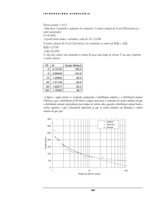 I N T R O D U Z I N D O H I D R O L O G I A 
Desvio padrão = 65.2 
Além disso é calculado o coeficiente de assimetria. Usando a função do Excel (Distorção(x)) o 
valor encontrado é 
G=0,5662 
A partir destes dados é calculado o valor de l = 2,116 
Usando a função do Excel LnGama(x) são calculados os valores de B(l) e A(l). 
B(l)=2,2726 
A(l)=0,2599 
E com estes valores são calculados os termos K para cada tempo de retorno T em anos, conforme 
a tabela abaixo: 
19 7 
TR Kt Vazão Weibull 
2 -0.10153 156.5 
5 -0.89405 104.8 
10 -1.22803 83.0 
25 -1.51140 64.6 
50 -1.65317 55.3 
100 -1.75422 48.7 
A figura a seguir mostra os resultados comparados à distribuição empírica e à distribuição normal. 
Observa-se que a distribuição de Weibull se adequa mais para a estimativa de vazões mínimas do que 
a distribuição normal, especialmente para tempos de retorno altos, quando a distribuição normal tende a 
valores negativos, o que é fisicamente impossível, já que as vazões mínimas são limitadas a valores 
maiores do que zero. 
 