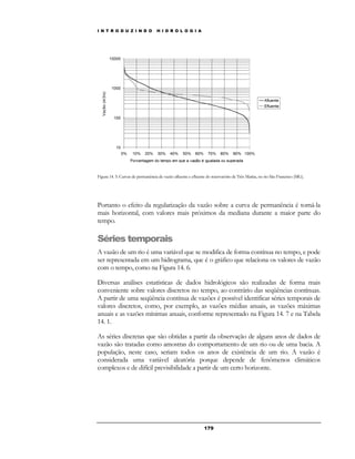 I N T R O D U Z I N D O H I D R O L O G I A 
Figura 14. 5: Curvas de permanência de vazão afluente e efluente do reservatório de Três Marias, no rio São Francisco (MG). 
Portanto o efeito da regularização da vazão sobre a curva de permanência é torná-la 
mais horizontal, com valores mais próximos da mediana durante a maior parte do 
tempo. 
Séries temporais 
A vazão de um rio é uma variável que se modifica de forma contínua no tempo, e pode 
ser representada em um hidrograma, que é o gráfico que relaciona os valores de vazão 
com o tempo, como na Figura 14. 6. 
Diversas análises estatísticas de dados hidrológicos são realizadas de forma mais 
conveniente sobre valores discretos no tempo, ao contrário das seqüências contínuas. 
A partir de uma seqüência contínua de vazões é possível identificar séries temporais de 
valores discretos, como, por exemplo, as vazões médias anuais, as vazões máximas 
anuais e as vazões mínimas anuais, conforme representado na Figura 14. 7 e na Tabela 
14. 1. 
As séries discretas que são obtidas a partir da observação de alguns anos de dados de 
vazão são tratadas como amostras do comportamento de um rio ou de uma bacia. A 
população, neste caso, seriam todos os anos de existência de um rio. A vazão é 
considerada uma variável aleatória porque depende de fenômenos climáticos 
complexos e de difícil previsibilidade a partir de um certo horizonte. 
17 9 
 