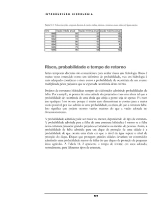 I N T R O D U Z I N D O H I D R O L O G I A 
Tabela 14. 1: Valores das séries temporais discretas de vazões médias, mínimas e máximas anuais relativos à figura anterior. 
Ano Vazão média anual Vazão mínima anual Vazão máxima anual 
1990 95 57 132 
1991 93 69 126 
1992 72 48 100 
1993 86 60 113 
1994 56 29 80 
1995 73 53 88 
1996 96 68 132 
Risco, probabilidade e tempo de retorno 
Séries temporais discretas são convenientes para avaliar riscos em hidrologia. Risco é 
muitas vezes entendido como um sinônimo de probabilidade, mas em hidrologia é 
mais adequado considerar o risco como a probabilidade de ocorrência de um evento 
multiplicada pelos prejuízos que se espera da ocorrência deste evento. 
Projetos de estruturas hidráulicas sempre são elaborados admitindo probabilidades de 
falha. Por exemplo, as pontes de uma estrada são projetadas com uma altura tal que a 
probabilidade de ocorrência de uma cheia que atinja a ponte seja de apenas 1% num 
ano qualquer. Isto ocorre porque é muito caro dimensionar as pontes para a maior 
vazão possível, por isso admite-se uma probabilidade, ou risco, de que a estrutura falhe. 
Isto significa que podem ocorrer vazões maiores do que a vazão adotada no 
dimensionamento. 
A probabilidade admitida pode ser maior ou menor, dependendo do tipo de estrutura. 
A probabilidade admitida para a falha de uma estrutura hidráulica é menor se a falha 
desta estrutura provocar grandes prejuízos econômicos ou mortes de pessoas. Assim, a 
probabilidade de falha admitida para um dique de proteção de uma cidade é a 
probabilidade de que ocorra uma cheia em que o nível da água supere o nível de 
proteção do dique. Diques que protegem grandes cidades deveriam ser construídos 
admitindo uma probabilidade menor de falha do que diques de proteção de pequenas 
áreas agrícolas. A Tabela 14. 2 apresenta o tempo de retorno em anos adotado, 
normalmente, para diferentes tipos de estrutura. 
18 1 
 