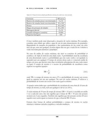W . C O L L I S C H O N N – I P H - U F R G S 
Tabela 14. 2: Tempo de retorno adotado para diferentes estruturas, de acordo com o risco associado. 
Estrutura TR (anos) 
Bueiros de estradas pouco movimentadas 5 a 10 
Bueiros de estradas muito movimentadas 50 a 100 
Pontes 50 a 100 
Diques de proteção de cidades 50 a 200 
Drenagem pluvial 2 a 10 
Grandes barragens (vertedor) 10.000 
Pequenas barragens 100 
O risco também pode estar relacionado a situações de vazões mínimas. Por exemplo, 
considere uma cidade que utilize a água de um rio para abastecimento da população. 
Dependendo do tamanho da população e das características do rio, existe um sério 
risco de que, num ano qualquer, ocorram alguns dias em que a vazão do rio é inferior à 
vazão necessária para abastecer a população. 
No caso da análise de vazões máximas, são úteis os conceitos de probabilidade de 
excedência e de tempo de retorno de uma dada vazão. A probabilidade anual de excedência 
de uma determinada vazão é a probabilidade que esta vazão venha a ser igualada ou 
superada num ano qualquer. O tempo de retorno desta vazão é o intervalo médio de 
tempo, em anos, que decorre entre duas ocorrências subseqüentes de uma vazão maior 
ou igual. O tempo de retorno é o inverso da probabilidade de excedência como 
expresso na seguinte equação: 
18 2 
P 
TR 
1 
= (14.1) 
onde TR é o tempo de retorno em anos e P é a probabilidade de ocorrer um evento 
igual ou superior em um ano qualquer. No caso de vazões mínimas, P refere-se à 
probabilidade de ocorrer um evento com vazão igual ou inferior. 
A equação acima indica que a probabilidade de ocorrência de uma cheia de 10 anos de 
tempo de retorno, ou mais, num ano qualquer é de 0,1 (ou 10%). 
A vazão máxima de 10 anos de tempo de retorno (TR = 10 anos) é excedida em média 
1 vez a cada dez anos. Isto não significa que 2 cheias de TR = 10 anos não possam 
ocorrem em 2 anos seguidos. Também não significa que não possam ocorrer 20 anos 
seguidos sem vazões iguais ou maiores do que a cheia de TR=10 anos. 
Existem duas formas de atribuir probabilidades e tempos de retorno às vazões 
máximas e mínimas: métodos empíricos e métodos analíticos. 
 
