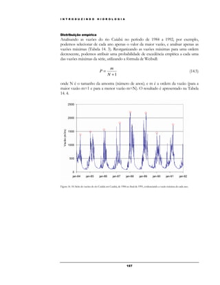 I N T R O D U Z I N D O H I D R O L O G I A 
Distribuição empírica 
Analisando as vazões do rio Cuiabá no período de 1984 a 1992, por exemplo, 
podemos selecionar de cada ano apenas o valor da maior vazão, e analisar apenas as 
vazões máximas (Tabela 14. 3). Reorganizando as vazões máximas para uma ordem 
decrescente, podemos atribuir uma probabilidade de excedência empírica a cada uma 
das vazões máximas da série, utilizando a fórmula de Weibull: 
P (14.5) 
18 7 
m 
+1 
= 
N 
onde N é o tamanho da amostra (número de anos); e m é a ordem da vazão (para a 
maior vazão m=1 e para a menor vazão m=N). O resultado é apresentado na Tabela 
14. 4. 
Figura 14. 10: Série de vazões do rio Cuiabá em Cuiabá, de 1984 ao final de 1991, evidenciando a vazão máxima de cada ano. 
 