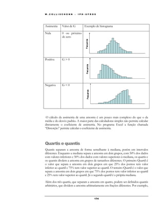 W . C O L L I S C H O N N – I P H - U F R G S 
Assimetria Valor de G Exemplo de histograma 
Nula 0 ou próximo 
17 4 
de zero 
Positiva G > 0 
Negativa G < 0 
O cálculo da assimetria de uma amostra é um pouco mais complexo do que o da 
média e do desvio padrão. A maior parte das calculadoras simples não permite calcular 
diretamente o coeficiente de assimetria. No programa Excel a função chamada 
“Distorção” permite calcular o coeficiente de assimetria. 
Quartis e quantis 
Quantis separam a amostra de forma semelhante à mediana, porém em intervalos 
diferentes. Enquanto a mediana separa a amostra em dois grupos, com 50% dos dados 
com valores inferiores e 50% dos dados com valores superiores à mediana, os quartis e 
os quantis divdem a amostra em grupos de tamanhos diferentes. O primeiro Quartil é 
o valor que separa a amostra em dois grupos em que 25% dos pontos tem valor 
inferior ao quartil e 75% tem valor superior ao quartil. O terceiro Quartil é o valor que 
separa a amostra em dois grupos em que 75% dos pontos tem valor inferior ao quartil 
e 25% tem valor superior ao quartil. Já o segundo quartil é a própria mediana. 
Além dos três quartis, que separam a amostra em quatro, podem ser definidos quantis 
arbitrários, que dividem a amostra arbitrariamente em frações diferentes. Por exemplo, 
 