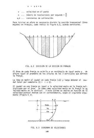 v = a n + b
v velocidad en el punto
n
a,b
nGmerode revoluciones por segundo
constantes de calibración.
R
= t
Para iniciar un aforo es necesario dividir la secci6n transversal (área
majada) en franjas, como indica la figura 6.2, usando verticales.
FIG. 6.2 DIVISION DE LA SECCION EN FRANJAS
El área de cada franja se asimila a un rectángulo de igual ancho y de
altura igual al promedio de las alturas de las 3 verticales que definen
la franja.
La idea es medir el caudal en cada franja (~Q) y luego obtener el cau-
dal total por sumatoria (Q = ¿ ~ Q).
El caudal en una franja es igual a la velocidad media en la franja mul-
tiplicada por el área. Se toma como velocidad media en la franja la ve
locidad media en la vertical. Yesta Gltima se define en función de la
velocidad puntual medida con el corrent6metro, segun el siguiente argu-
mento (figura 6.3).
h
l' 4
FIG. 6.3 DIAGRAMA DE VELOCIDADES
100
 