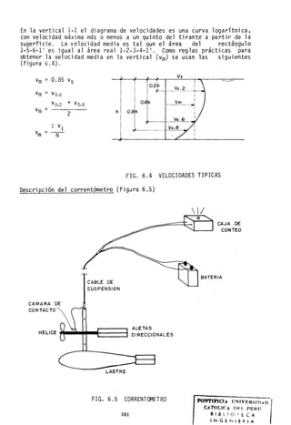 En la vertical 1-1 el diagrama de velocidades es una curva logarítmica,
con velocidad máxima más o menos a un quinto del tirante a partir de la
superficie. La velocidad media es tal que el área del rectáQgulo
1-5-6-1' es igual al área real 1-2-3-4~1'. Como reglas prácticas para
obtener la velocidad media en la vertical (vm) se usan las siguientes
(figura 6.4).
0.85
Vs
Ym = Vs
Vo.2-------
vm = VO.6
VO.2 + vO.8 O. h Vm
vm =
2 h O.ah
Vo.6
L V.
1
vm = -N-
FIG. 6.4 VELOCIDADES TIPICAS
Descripción del correntómet'ro (fig.lra 6.5)
CABLE DE
S'USPENSION
CAMARA DE
CONTACTO~
HELlCE *~"'-H--E===:3
LASTRE
ALETAS
DIRECCIONALES
FIG. 6.5 CORRENTOMETRO
101
1/
CAJA DE
CONTEO
BATERIA
PONTfFJCJA ()NTVRRsln", n I
CATOLlf'A UV!. "EHU IBIBLIOTECA
INGENIERIA
 