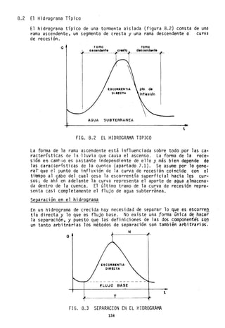 8.2 El Hidrograma Típico
El hidrograma típico de una tormenta aislada (figura 8.2) consta de una
rama ascendente, un segmento de cres ta y una rama descendente o curva
de recesión.
Q romo
ascendente
ramo
C"'J~ d"c.ndon"
ESCORRENTIA
DIRECTA
AGUA SUBTERRANEA
FIG. 8.2 EL HIDROGRAMA TIPICO
t
La forma de la rama ascendente está influenciada sobre todo por las ca-
racterísticas de la lluvia que causa el ascenso. La forma de la rece-
sión en camhio es bastante independiente de ello y más bien depende de
las características de la cuenca (apartado 7.1). Se asume por 10 gene-
ra l' que e1 punto de i nfl exión de 1a curva de reces ión coi nci de con el
tiempo al cabo del cual cesa la escorrentía superficial hacia los cur-
sos; de ahí en adelante la curva representa el aporte de agua almacena-
da dentro de la cuenca. El último tramo de la curva de recesión repre-
senta casi completamente el flujo de agua subterránea.
Separación en el hidrograma
En un hidrograma de crecida hay necesidad de separar 10 que es escorren
tía directa y 10 que es flujo base. No existe una forma única d~,hacer
la separación, y puesto que las definiciones de las dos componentes sQP
un tanto arbitrari as los métodos de separación son tambi éil arbitrar; os.
Q
ESCORREIITlA
DIRECTA
FLUJO BASE
T
N
FIG. 8.3 SEPARACION EN EL HIDROGRAMA
134
 
