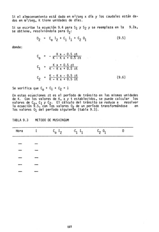 Si el almacenamiento está dado en m3/seg x día y los caudales están da-
dos en m3/seg, K tiene unidades de días.
Si se escribe la ecuación 9.4 para S1 y S2 y se reemplaza en la 9.2a,
se obtiene, resolviéndola para O2:
O2 = Co 12 + C
l
11 + C2 01
(9.5)
donde:
Co
Kx - 0.5 lit
= - Kx + 0.5 ~tK -
Cl
Kx + 0.5 lit
= Kx + 0.5 litK -
C2
K - Kx - 0.5 lit
= K .. Kx+0.5~t
(9.6)
Se verifica que Co + Cl + C2 =1
En estas ecuaciones lit es el período de tránsito en las mismas unidades
de K. Con los valores de K, x y t establecidos, se puede calcular los
valores de Co' Cl y C2' El cálculo del tránsito se reduce a resolver
la ecuación 9.5, con los valores 02 de un período transformándose en
los valores 01 del período siguiente (tabla 9.3).
TABLA 9.3 METODO DE MUSK1NGUM
Hora 1 o
157
 