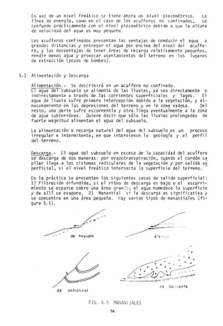 En vez de un nivel freático se tiene ahora un nivel piezométrico. La
línea de energía, COfilO en el caso de los acuíferos no confinados, se
confunde prácticamente con el nivel piezométrico debido a que la a1t~ra
de velocidad del agua es muy pequeña.
Los acuíferos confinados presentan las ventajas de conducir el agua a
grandes distancias y entregar el agua por encima del nivel del acuífe-
ro, y las desventajas de tener áreas de recarga relativamente pequeñas,
rendi r menos agua y provocar asentami entos de 1 terreno en los 1uga res
de extracción (pozos de bombeo).
5.3 Alimentación y Descarga
A1imentación.- Se describirá en un acuífero no confinado.
El agua del subsuelo se alimenta de las lluvias, ya sea directamente o
indirectamente a través de las corrientes superficiales y lagos. El
agua de lluvia sufre primero intercepción debido a la vegetación, y al-
macenamiento en las depresiones del terreno y en la zona vadosa. Del
resto, una parte sufre escorrentía y otra llega eventualmente a la zona
de agua subterránea. Quiere decir que sólo las lluvias prolongadas de
fuerte magnitud alimentan el agua del subsuelo.
La alimentación o recarga natural del agua del subsuelo es un
irregular e intermitente, en que intervienen la geología y el
del terreno.
proceso
perfil
Descarga.- El a~ua del subsuelo en exceso de la capacidad del acuífero
se descarga de dos maneras: por evapotranspiración, cuando el cordón ca
pilar llega a los sistemas radiculares de la vegetación y por salida su
perficial, si el nivel freático intersecta la superficie del terreno. -
En la practica se presentan los siguientes casos de salida superficial:
1) Filtración difundida, si el ritmo de descarga es bajo o el escurri-
miento se esparce sobre una área granJ?; el agua humedece la superficie
y de allí se evapora. 2) Manantial si la descarga es significativa y
se concentra en una área pequeña. Hay vari os ti pos de mananti al es (fi-
gura- 5.5).
_/
de hoyuelo el e /I,:j.
de coniente
de onticlinol
F1G. 5. 5 ¡'1AN Mn 1ALES
76
 