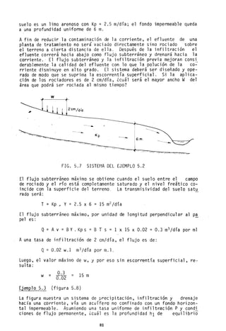 suelo es un limo arenoso con Kp = 2,5 m/día; el fondo impermeable queda
a una profund idad uniforme de 6 m,
A fin de reducir la contaminación de la corriente, el efluente de una
planta de tratamiento no ser~ vaciado directamente sino rociado sobre
el terreno a cierta distancia de ella. Después de la infiltración el
efluente~correrá hacia abajo como flujo subterráneo y drenará hacia la
corriente.· El flujo subterráneo y la infiltración previa mejoran consi
derablemente la calidad del efluente con lo que la polución de la co~
rriente disminuye en alto grado. El sistema deberá ser disenado y ope-
rado de modo que se suprima la escorrentía superficial. Si la aplica-
ción de los rociadores es de 2 cm/día, ¿cuál será el mayor ancho W del
area que podr~ ser rociada al mismo tiempo?
w
2 cm/día
Kp
FIG. 5.7 SISTEMA DEL EJEMPLO 5.2
El flujo subterráneo máximo se obtiene
de rociado y el río está completamente
incide con la superficie del terreno.
rada será:
cuando el suelo entre el campo
saturado y el nivel freático co-
La transmisividad del suelo satu
T = Kp , Y = 2.5 x 6 = 15 m2 /día
El flujo subterráneo máximo, por unidad de longitud perpendicular al p~
pe1 es:
Q = A v = BY. Kps = B T s = 1 x 15 x 0.02 = 0.3 m3 /día por ml
Auna tasa de infiltración de 2 cm/día, el flujo es de:
Q= 0.02 w.1 m3/día por m. l.
Luego, el valor máximo de w, y por eso sin escorrentía superficial, re-
sulta:
0.3 =
0.02
w = 15 m
Ejemplo 5.3 (figura 5.8)
La figura muestra un sistema de precipitación, infiltración y drenaje
haci~ una corriente, vía un acuífero no confinado con un fondo horizon-
tal impermeable. Asumiendo una tasa uniforme de infiltración P y condi
ciones de flujo permanente, ¿cuál es la profundidad h1 de equilibri~
81
 