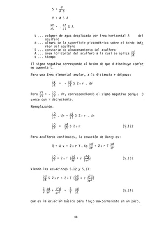 s =
v
Ad
v = d S A
aV _ - -ª-.S!. s Aaf- at
V volumen de agua desplazada por area horizontal A del
acuífero
d altura de la superficie piezométrica sobre el borde infe
rior del acuífero
S constante de almacenamiento del acuífero
A área horizontal del acuífero a la cual se aplica ~~
t tiempo
El signo negativo corresponde al hecho de que d disminuye canfor
me aumenta t.
Para una area elemental anular, a la distancia r del pozo:
aV =
af
~S 2TIr. dr
at
Pero El. = - -ª.Q. • dr, correspondiendo el signo negativo porque Q
at ar
crece con r decreciente.
Reemplazando:
E..Q dr = ~ S 2 ~ r . dr
ar at
-ª-º- = ~S2TIrar at
Para acuíferos confinados, la ecuación de Darcy es:
ad 3d
Q = A v = 2 TI r Y • Kp ay: = 2 TI r T 3r
Viendo las ecuaciones 5.12'y 5.13:
~ S 2 TI r = 2 TI T (i9.. + r a~?)
a t a r ar2
S ad
I 3f
(5.12)
(5.13)
(5.14)
que es la ecuación básica para flujo no-permanente en un pozo.
86
 