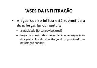 FASES DA INFILTRAÇÃO
• A água que se infiltra está submetida a
duas forças fundamentais:
– a gravidade (força gravitacional)
– força de adesão de suas moléculas às superfícies– força de adesão de suas moléculas às superfícies
das partículas do solo (força de capilaridade ou
de atração capilar).
 