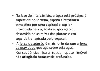 • Na fase de intercâmbio, a água está próxima à
superfície do terreno, sujeita a retornar a
atmosfera por uma aspiração capilar,
provocada pela ação da evaporação ou
absorvida pelas raízes das plantas e emabsorvida pelas raízes das plantas e em
seguida transpirada pelo vegetal.
- A força de adesão é mais forte do que a força
da gravidade que age sobre esta água.
- Conseqüência: ficará retida, quase imóvel,
não atingindo zonas mais profundas.
 