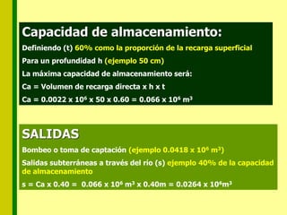 Capacidad de almacenamiento:
Definiendo (t) 60% como la proporción de la recarga superficial
Para un profundidad h (ejemplo 50 cm)
La máxima capacidad de almacenamiento será:
Ca = Volumen de recarga directa x h x t
Ca = 0.0022 x 106 x 50 x 0.60 = 0.066 x 106 m3
SALIDAS
Bombeo o toma de captación (ejemplo 0.0418 x 106 m3)
Salidas subterráneas a través del río (s) ejemplo 40% de la capacidad
de almacenamiento
s = Ca x 0.40 = 0.066 x 106 m3 x 0.40m = 0.0264 x 106m3
 