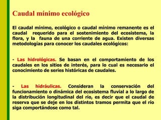 Caudal mínimo ecológico
El caudal mínimo, ecológico o caudal mínimo remanente es el
caudal requerido para el sostenimiento del ecosistema, la
flora, y la fauna de una corriente de agua. Existen diversas
metodologías para conocer los caudales ecológicos:
- Las hidrológicas. Se basan en el comportamiento de los
caudales en los sitios de interés, para lo cual es necesario el
conocimiento de series históricas de caudales.
- Las hidráulicas. Consideran la conservación del
funcionamiento o dinámica del ecosistema fluvial a lo largo de
la distribución longitudinal del río, es decir que el caudal de
reserva que se deje en los distintos tramos permita que el río
siga comportándose como tal.
 