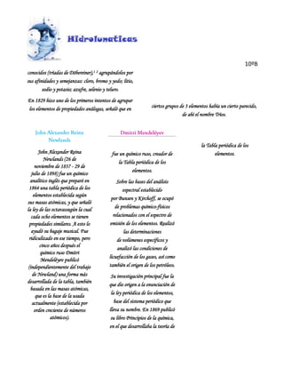 10ºB
conocidos (tríadas de Döbereiner),1 2 agrupándolos por
sus afinidades y semejanzas: cloro, bromo y yodo; litio,
        sodio y potasio; azufre, selenio y teluro.
En 1829 hizo uno de los primeros intentos de agrupar
                                                                  ciertos grupos de 3 elementos había un cierto parecido,
los elementos de propiedades análogas, señaló que en
                                                                                  de ahí el nombre Tríos.




                                                                                           la Tabla periódica de los
       John Alexander Reina                 fue un químico ruso, creador de                       elementos.
          Newlands (26 de
                                               la Tabla periódica de los
     noviembre de 1837 - 29 de
                                                      elementos.
   julio de 1898) fue un químico
  analítico inglés que preparó en              Sobre las bases del análisis
 1864 una tabla periódica de los                  espectral establecido
    elementos establecida según
                                            por Bunsen y Kirchoff, se ocupó
sus masas atómicas, y que señaló
                                              de problemas químico-físicos
la ley de las octavassegún la cual
   cada ocho elementos se tienen             relacionados con el espectro de
  propiedades similares. A esto lo         emisión de los elementos. Realizó
   ayudó su bagaje musical. Fue                    las determinaciones
 ridiculizado en ese tiempo, pero              de volúmenes específicos y
        cinco años después el
                                                analizó las condiciones de
        químico ruso Dmitri
                                           licuefacción de los gases, así como
         Mendeléyev publicó
 (independientemente del trabajo           también el origen de los petróleos.
    de Newland) una forma más               Su investigación principal fue la
desarrollada de la tabla, también
                                           que dio origen a la enunciación de
  basada en las masas atómicas,
                                            la ley periódica de los elementos,
      que es la base de la usada
   actualmente (establecida por               base del sistema periódico que
     orden creciente de números            lleva su nombre. En 1869 publicó
              atómicos).                    su libro Principios de la química,
                                           en el que desarrollaba la teoría de
 