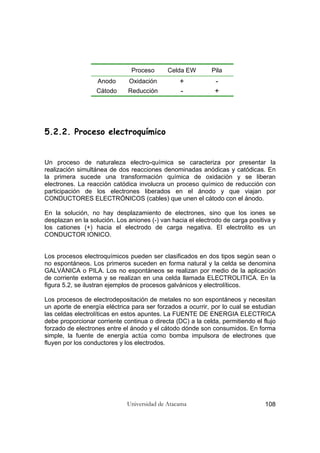 Universidad de Atacama 108
Proceso Celda EW Pila
Anodo Oxidación + -
Cátodo Reducción - +
5.2.2. Proceso electroquímico
Un proceso de naturaleza electro-química se caracteriza por presentar la
realización simultánea de dos reacciones denominadas anódicas y catódicas. En
la primera sucede una transformación química de oxidación y se liberan
electrones. La reacción catódica involucra un proceso químico de reducción con
participación de los electrones liberados en el ánodo y que viajan por
CONDUCTORES ELECTRÓNICOS (cables) que unen el cátodo con el ánodo.
En la solución, no hay desplazamiento de electrones, sino que los iones se
desplazan en la solución. Los aniones (-) van hacia el electrodo de carga positiva y
los cationes (+) hacia el electrodo de carga negativa. El electrolito es un
CONDUCTOR IONICO.
Los procesos electroquímicos pueden ser clasificados en dos tipos según sean o
no espontáneos. Los primeros suceden en forma natural y la celda se denomina
GALVÁNICA o PILA. Los no espontáneos se realizan por medio de la aplicación
de corriente externa y se realizan en una celda llamada ELECTROLITICA. En la
figura 5.2, se ilustran ejemplos de procesos galvánicos y electrolíticos.
Los procesos de electrodepositación de metales no son espontáneos y necesitan
un aporte de energía eléctrica para ser forzados a ocurrir, por lo cual se estudian
las celdas electrolíticas en estos apuntes. La FUENTE DE ENERGIA ELECTRICA
debe proporcionar corriente continua o directa (DC) a la celda, permitiendo el flujo
forzado de electrones entre el ánodo y el cátodo dónde son consumidos. En forma
simple, la fuente de energía actúa como bomba impulsora de electrones que
fluyen por los conductores y los electrodos.
 