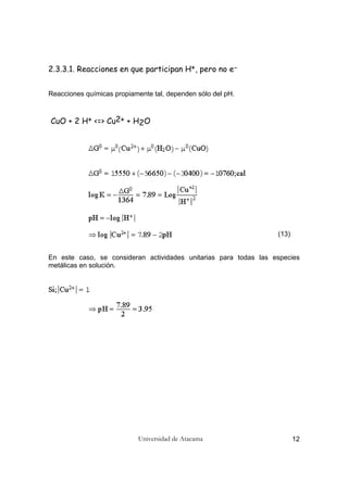 Universidad de Atacama 12
2.3.3.1. Reacciones en que participan H+, pero no e-
Reacciones químicas propiamente tal, dependen sólo del pH.
CuO + 2 H+ <=> Cu2+ + H2O
(13)
En este caso, se consideran actividades unitarias para todas las especies
metálicas en solución.
 