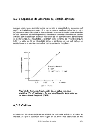 Universidad de Atacama 150
6.3.2 Capacidad de adsorción del carbón activado
Aunque existe varios procedimientos para medir la capacidad de adsorción del
carbón activado ( número yodo, ...), lo más apropiado es el que determina un valor
(K) de manera empírica para la evaluación de carbones activados para adsorción
de oro. Este valor se obtiene poniendo en contacto distintas cantidades de carbón
activado con una solución estándar de cianuro de oro con tampón de boro durante
un cierto tiempo. Los resultados se gráfican como isoterma de Freundlich (figura
6.8) y el valor de K es interpolado como el contenido de oro del carbón en
equilibrio con una solución residual de concentración de 1 mg/l oro.
Figura 6.8 : Isoterma de adsorción de oro sobre carbón al
equilibrio (T y pH estándar). Es una simplificación de la isoterma
de adsorción de Langmuir (1916).
6.3.3 Cinética
La velocidad inicial de adsorción de cianuro de oro sobre el carbón activado es
elevada, ya que la adsorción tiene lugar en los sitios más asequibles en los
 