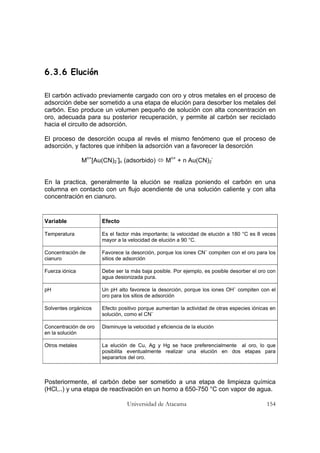 Universidad de Atacama 154
6.3.6 Elución
El carbón activado previamente cargado con oro y otros metales en el proceso de
adsorción debe ser sometido a una etapa de elución para desorber los metales del
carbón. Eso produce un volumen pequeño de solución con alta concentración en
oro, adecuada para su posterior recuperación, y permite al carbón ser reciclado
hacia el circuito de adsorción.
El proceso de desorción ocupa al revés el mismo fenómeno que el proceso de
adsorción, y factores que inhiben la adsorción van a favorecer la desorción
Mn+
[Au(CN)2
-
]n (adsorbido) Mn+
+ n Au(CN)2
-
En la practica, generalmente la elución se realiza poniendo el carbón en una
columna en contacto con un flujo acendiente de una solución caliente y con alta
concentración en cianuro.
Variable Efecto
Temperatura Es el factor más importante; la velocidad de elución a 180 °C es 8 veces
mayor a la velocidad de elución a 90 °C.
Concentración de
cianuro
Favorece la desorción, porque los iones CN–
compiten con el oro para los
sitios de adsorción
Fuerza iónica Debe ser la más baja posible. Por ejemplo, es posible desorber el oro con
agua desionizada pura.
pH Un pH alto favorece la desorción, porque los iones OH–
compiten con el
oro para los sitios de adsorción
Solventes orgánicos Efecto positivo porque aumentan la actividad de otras especies iónicas en
solución, como el CN–
Concentración de oro
en la solución
Disminuye la velocidad y eficiencia de la elución
Otros metales La elución de Cu, Ag y Hg se hace preferencialmente al oro, lo que
posibilita eventualmente realizar una elución en dos etapas para
separarlos del oro.
Posteriormente, el carbón debe ser sometido a una etapa de limpieza química
(HCl,..) y una etapa de reactivación en un horno a 650-750 °C con vapor de agua.
 
