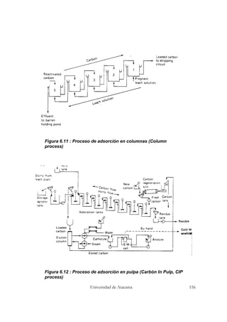Universidad de Atacama 156
Figura 6.11 : Proceso de adsorción en columnas (Column
process)
Figura 6.12 : Proceso de adsorción en pulpa (Carbón In Pulp, CIP
process)
 