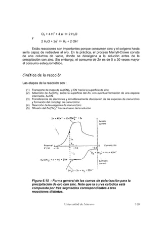Universidad de Atacama 160
O2 + 4 H+
+ 4 e-
2 H2O
y
2 H2O + 2e-
H2 + 2 OH-
Estás reacciones son importantes porque consumen cinc y el oxígeno hasta
sería capaz de redisolver al oro. En la práctica, el proceso Merryll-Crowe consta
de una columna de vacío, donde se deoxigena a la solución antes de la
precipitación con zinc. Sin embargo, el consumo de Zn es de 5 a 30 veces mayor
al consumo estequiométrico.
Cinética de la reacción
Las etapas de la reacción son :
(1) Transporte de masa de Au(CN)2
-
y CN
-
hacía la superficie de zinc
(2) Adsorción de Au(CN)2
-
sobre la superficie del Zn, con eventual formación de una especie
intermedia, AuCN.
(3) Transferencia de electrones y simultáneamente disociación de las especies de cianuro/oro
y formación del complejo de cianuro/zinc
(4) Desorción de las especies de cianuro/zinc
(5) Difusión del Zn(CN)4
2-
hacía el seno de la solución
Figura 6.15 : Forma general de las curvas de polarización para la
precipitación de oro con zinc. Note que la curva catódica está
compuesta por tres segmentos correspondientes a tres
reacciones distintas.
 
