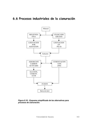 Universidad de Atacama 163
6.6 Procesos industriales de la cianuración
Figura 6.16 : Esquema simplificado de las alternativas para
procesos de cianuración.
Mineral
MOLIENDA
FINA
CHANCADO
GRUESO
LIXIVIACION
POR
AGITACION
LIXIVIACION
EN
PILAS
Solución
ADSORCION
CARBON
ACTIVADO
CEMENTACION
CON
ZINC
ELUCION,
CEMENT.
O EW
FUSION
Barra de doré
 