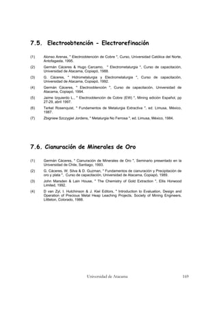 Universidad de Atacama 169
7.5. Electroobtención - Electrorefinación
(1) Alonso Arenas, " Electroobtención de Cobre ", Curso, Universidad Católica del Norte,
Antofagasta, 1995.
(2) Germán Cáceres & Hugo Carcamo, " Electrometalurgia ", Curso de capacitación,
Universidad de Atacama, Copiapó, 1988.
(3) G. Cáceres, " Hidrometalurgia y Electrometalurgia ", Curso de capacitación,
Universidad de Atacama, Copiapó, 1992.
(4) Germán Cáceres, " Electroobtención ", Curso de capacitación, Universidad de
Atacama, Copiapó, 1994.
(5) Jaime Izquierdo L., " Electroobtención de Cobre (EW) ", Mining edición Español, pp
27-29, abril 1997.
(6) Terkel Rosenquist, " Fundamentos de Metalurgia Extractiva ", ed. Limusa, México,
1987.
(7) Zbigniew Szczygiel Jordens, " Metalurgia No Ferrosa ", ed. Limusa, México, 1984.
7.6. Cianuración de Minerales de Oro
(1) Germán Cáceres, " Cianuración de Minerales de Oro ", Seminario presentado en la
Universidad de Chile, Santiago, 1993.
(2) G. Cáceres, W. Silva & D. Guzman, " Fundamentos de cianuración y Precipitación de
oro y plata ", Curso de capacitación, Universidad de Atacama, Copiapó, 1989.
(3) John Marsden & Lain House, " The Chemistry of Gold Extraction ", Ellis Horwood
Limited, 1992.
(4) D van Zyl, I. Hutchinson & J. Kiel Editors, " Introduction to Evaluation, Design and
Operation of Precious Metal Heap Leaching Projects, Society of Mining Engineers,
Littleton, Colorado, 1988.
 