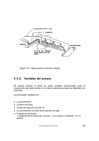 Universidad de Atacama 55
Figura 3.19, Aglomeración en tambor rotatorio.
3.3.6. Variables del proceso
Se pueden estudiar el efecto de varias variables operacionales sobre la
recuperación del metal valioso y la cinética realizando pruebas de laboratorio en
columnas.
Las principales variables son :
♦ La granulometría
♦ La altura de la pila
♦ La tasa de riego [l/h.m2
] o [l/h.T]
♦ La concentración en ácido de la solución de riego
♦ El tiempo de lixiviación
Depende de la cinética (lix. química : 1 a 2 meses; lix. bacterial : 3 a 12
meses)
 