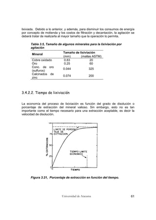 Universidad de Atacama 61
lixiviada. Debido a lo anterior, y además, para disminuir los consumos de energía
por concepto de molienda y los costos de filtración y decantación, la agitación se
deberá tratar de realizarla al mayor tamaño que la operación lo permita.
Tabla 3.5, Tamaño de algunos minerales para la lixiviación por
agitación
Tamaño de lixiviación
Mineral
(mm) (mallas ASTM)
Cobre oxidado 0.83 20
Oro 0.25 60
Conc. de oro
(sulfuros)
0.044 325
Calcinados de
zinc
0.074 200
3.4.2.2. Tiempo de lixiviación
La economía del proceso de lixiviación es función del grado de disolución o
porcentaje de extracción del mineral valioso. Sin embargo, esto no es tan
importante como el tiempo necesario para una extracción aceptable, es decir la
velocidad de disolución.
Figura 3.21, Porcentaje de extracción en función del tiempo.
 