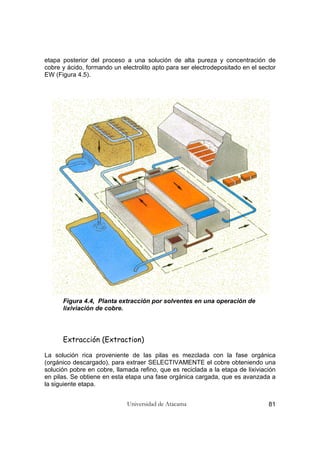 Universidad de Atacama 81
etapa posterior del proceso a una solución de alta pureza y concentración de
cobre y ácido, formando un electrolito apto para ser electrodepositado en el sector
EW (Figura 4.5).
Figura 4.4, Planta extracción por solventes en una operación de
lixiviación de cobre.
Extracción (Extraction)
La solución rica proveniente de las pilas es mezclada con la fase orgánica
(orgánico descargado), para extraer SELECTIVAMENTE el cobre obteniendo una
solución pobre en cobre, llamada refino, que es reciclada a la etapa de lixiviación
en pilas. Se obtiene en esta etapa una fase orgánica cargada, que es avanzada a
la siguiente etapa.
 