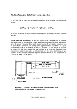 Universidad de Atacama 83
4.6.2.2. Mecanismo de la transferencia de cobre
El proceso SX se basa en la siguiente reacción REVERSIBLE de intercambio
ionico :
Cu2+(A) + 2 RH(O) <=> R2Cu(O) + 2 H+(A)
en la cual el sentido de reacción está controlado por la acidez o pH de la solución
acuosa.
En la etapa de extracción, el reactivo orgánico se contacta con la solución
acuosa impura de lixiviación y extrae selectivamente desde la fase acuosa los
iones de cobre, incorporandolos en la fase orgánica. El ion cúprico reacciona con
el extractante formando un compuesto organometálico insoluble en agua,
totalmente soluble en el solvente orgánico (Kerosene, ...), con la cual se produce
la extracción del cobre desde la fase acuosa a la orgánica. Mediante este
mecanismo, cada ion de cobre se intercambio con dos iones de hidrogeno que
pasan a la fase acuosa donde se regenera ácido sulfúrico en una proporción de
1.54 (kg de ácido / kg de cobre).
Figura 4.6, Esquema de un mezclador – sedimentador para
operaciones de extracción y reextracción.
 